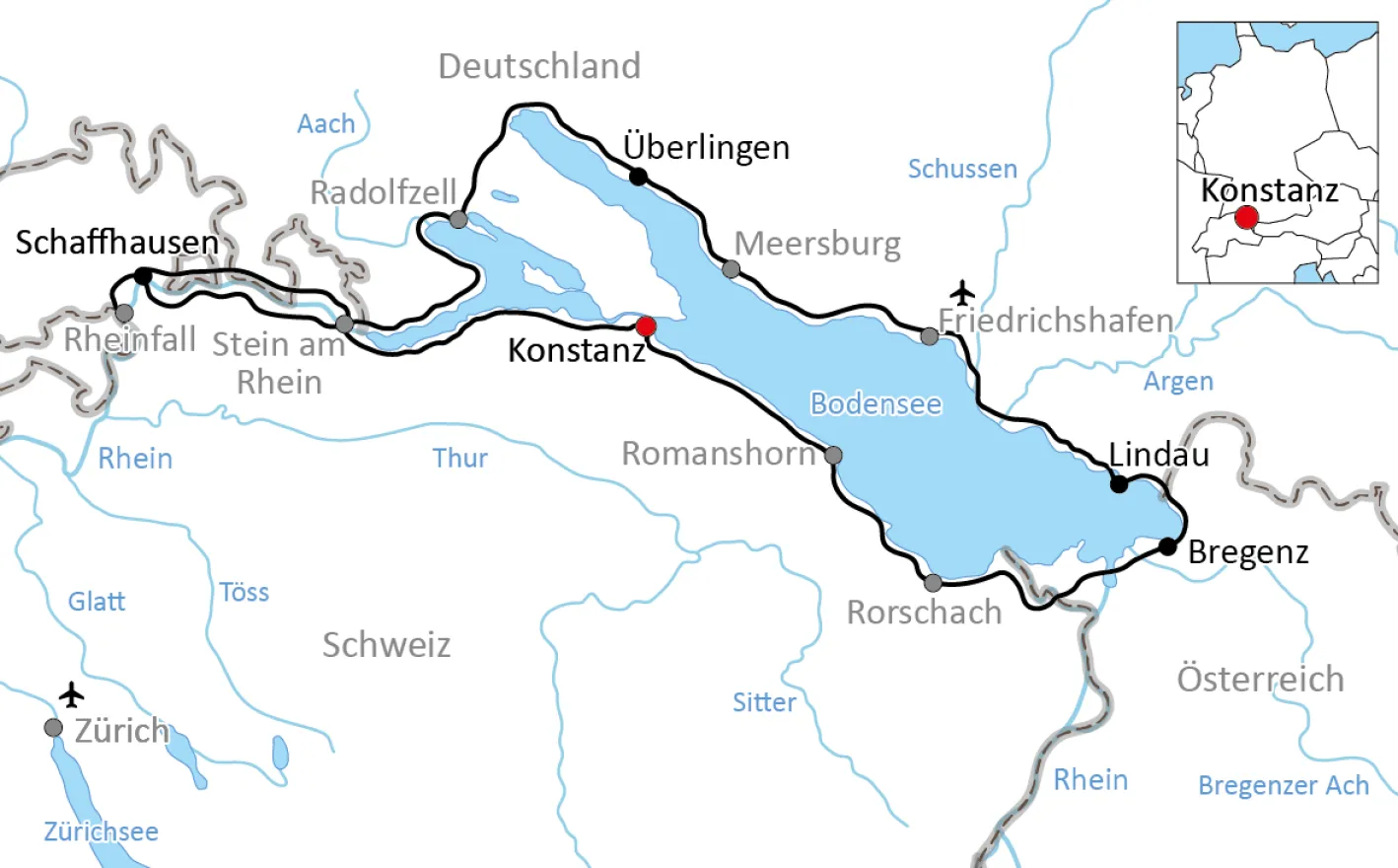 Kaart voor de sportieve fietstocht rond de Bodensee
